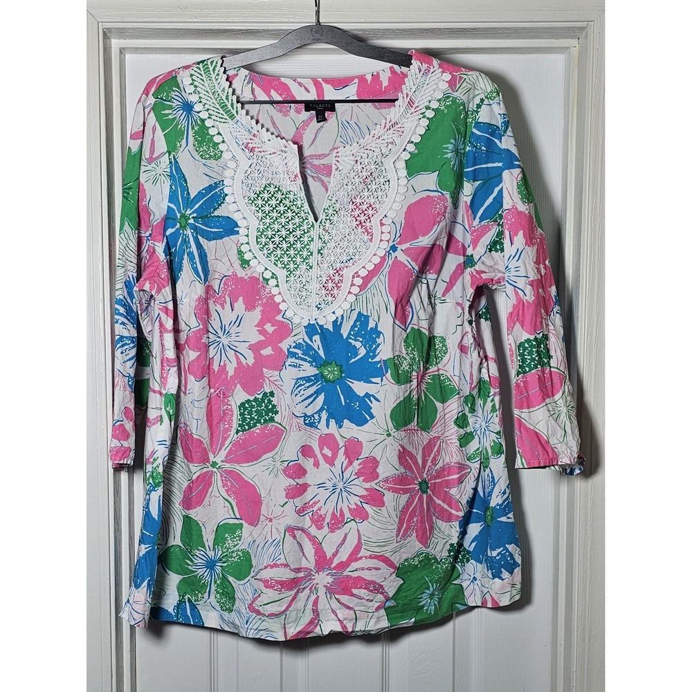 Talbots Floral Lace Applique 3/4 Sleeve Top Size 2X Multicolor‎ Cotton